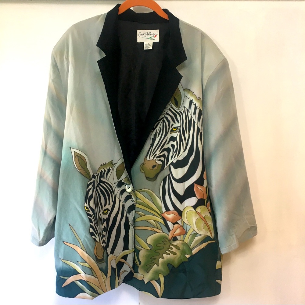 Vintage Carol Peterson Silk Blazer Jacket Green Zebra size 1X
